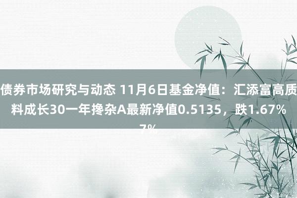 债券市场研究与动态 11月6日基金净值：汇添富高质料成长30一年搀杂A最新净值0.5135，跌1.67%